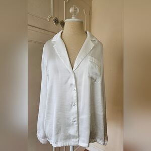 White Button-Down Satin Shirt - Women's Relaxed Fit